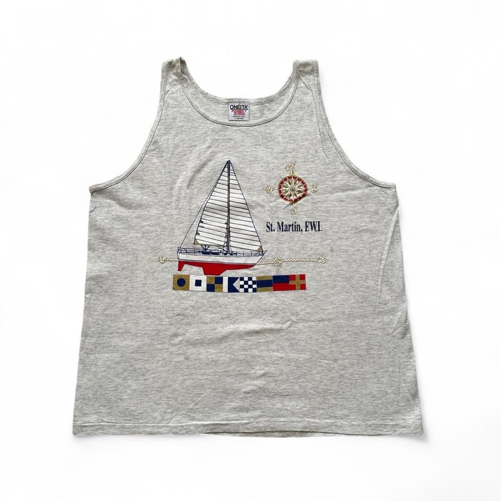 Vintage 1990s St. Martin Sailboat Graphic Tank Top - Heather Gray L
